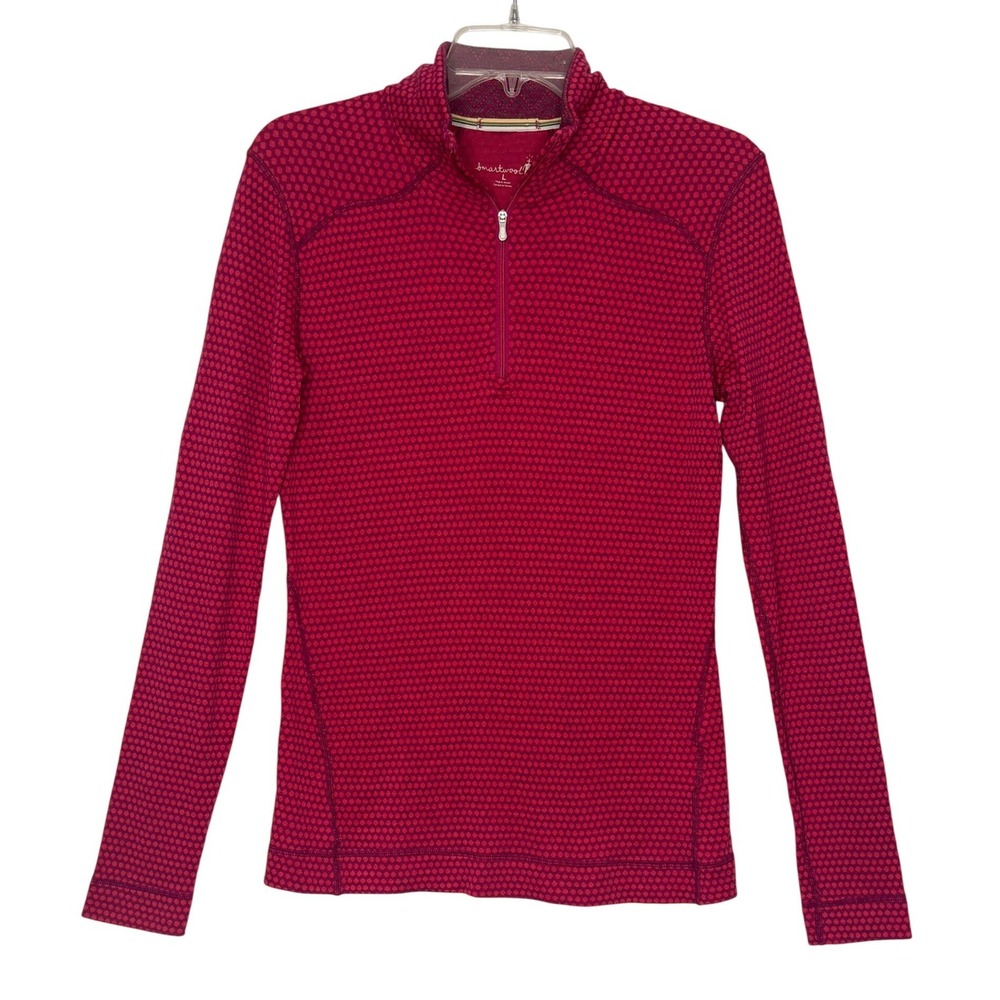 Smartwool Quarter Zip Women Sz L Pink Purple Dot 100% Merino Wool Base Layer Top
